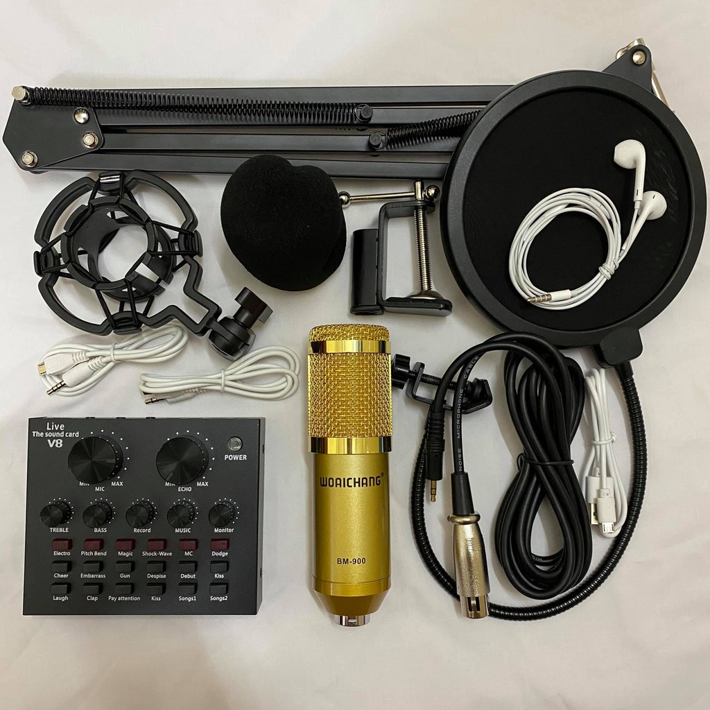 Combo Soundcard V8 AQTA Chính Hãng Bluetooth + Mic Karaoke Livetream BM 900, Có AutoTune Chuẩn Phòng Thu Tai nghe ok lắm