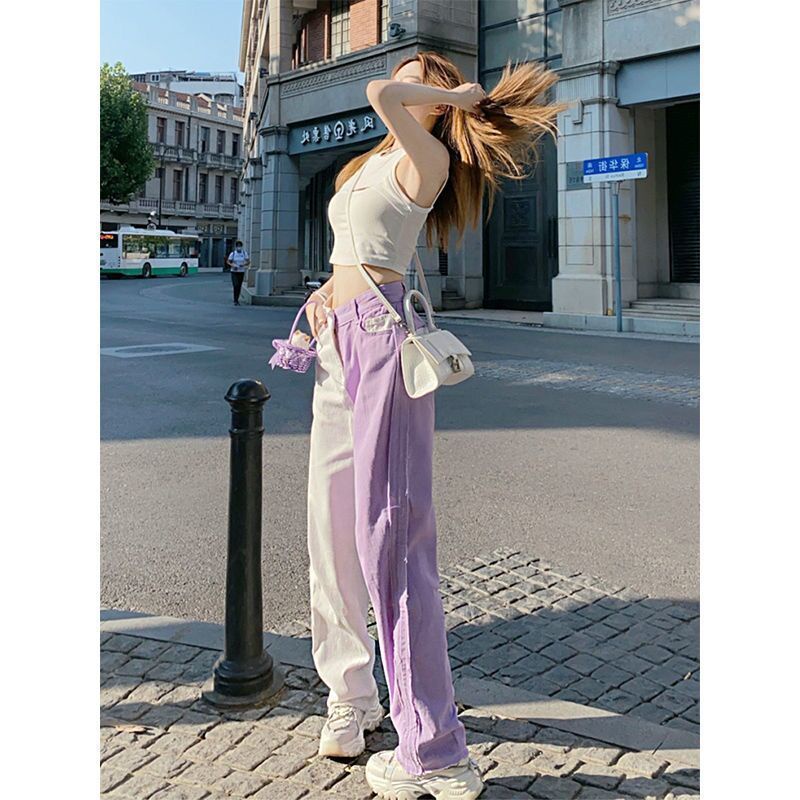 [LININ] Quần Jean Ống Rộng Khâu Màu Tím Phong Cách Hip Hop Mỹ Mới Cho Nữ