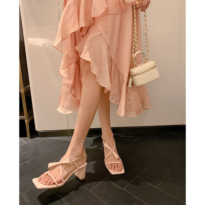 Duoya Nhà Máy Sản Xuất Tóc Thẳng ~ [Hàng Có Sẵn] Giày Cổ Tích ~!Giày Sandal Cao Gót Mũi Vuông Hở Ngón Quai Mảnh Màu Hồng Thắt Nơ Cho Nữ Miễn Phí Vận Chuyển