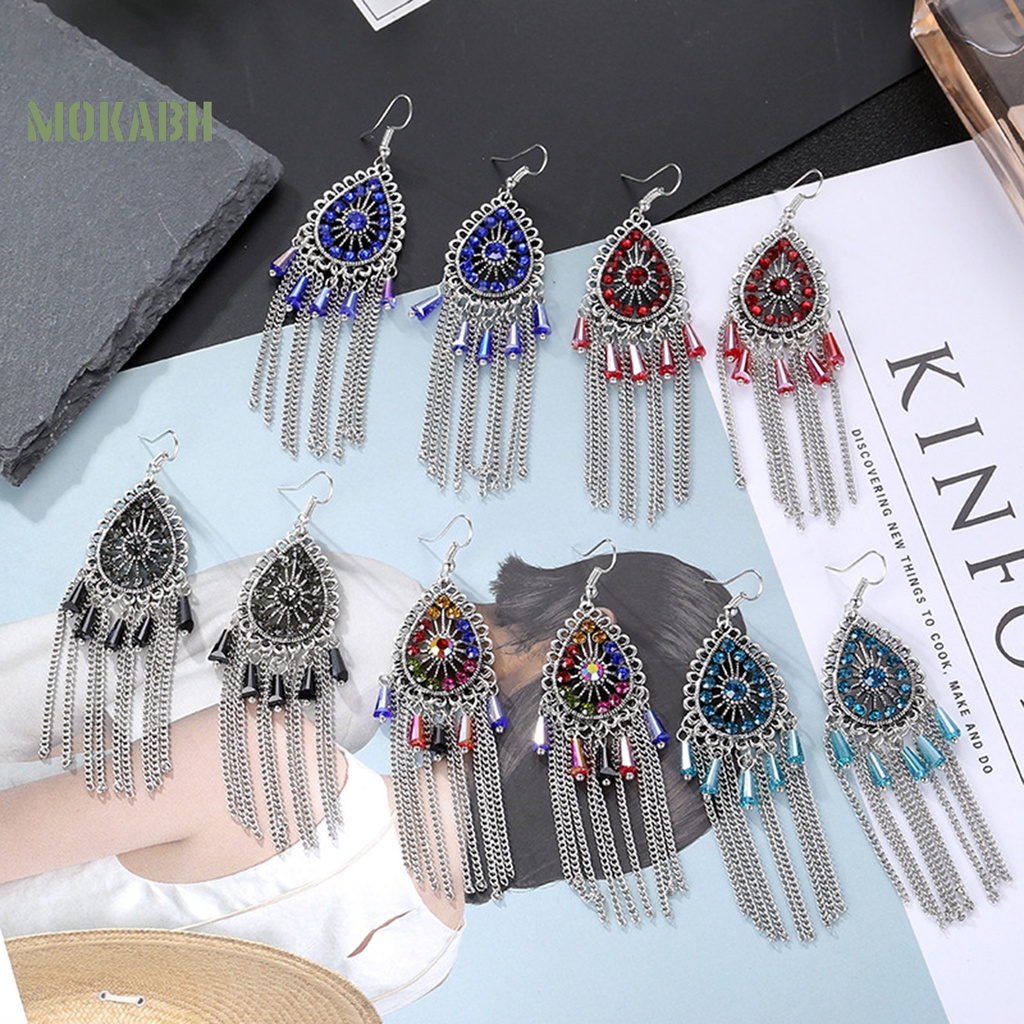 1 Đôi Bông Tai Hình Giọt Nước Có Đính Đá Và Tua Rua Theo Phong Cách Vintage Dành Cho Nữ