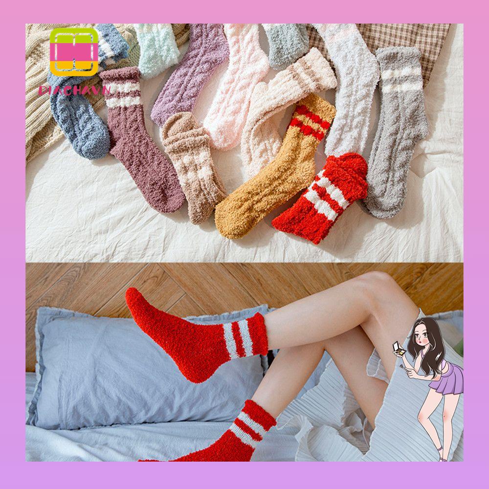 Vớ Nhung San Hô Mềm Mại Họa Tiết Kẻ Sọc Giữ Ấm Mùa Đông