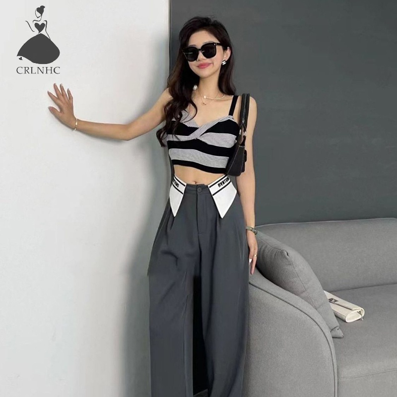 Áo Hai Dây Dệt Kim Kẻ Sọc Màu Tương Phản Quyến Rũ Thời Trang Cho Nữ