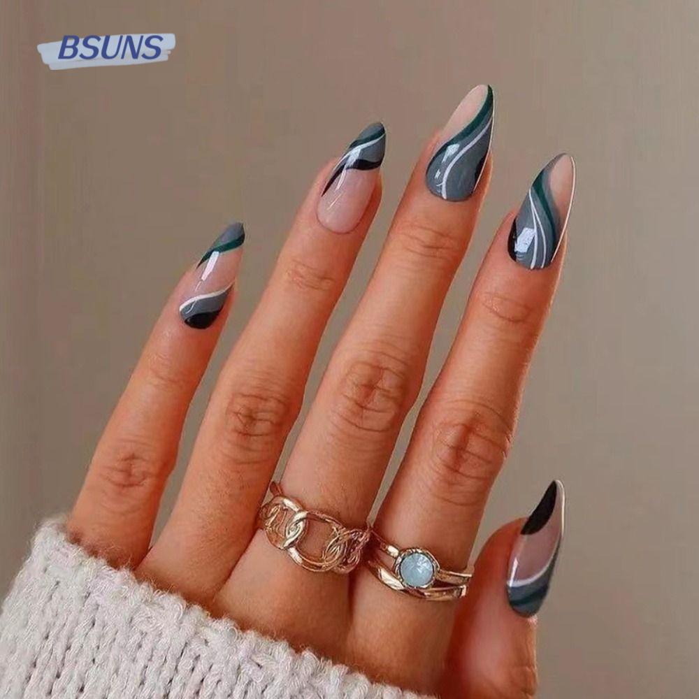 Set 24 Móng Tay Giả Che Phủ Toàn Diện Họa Tiết Gợn Sóng Màu Xanh Lá