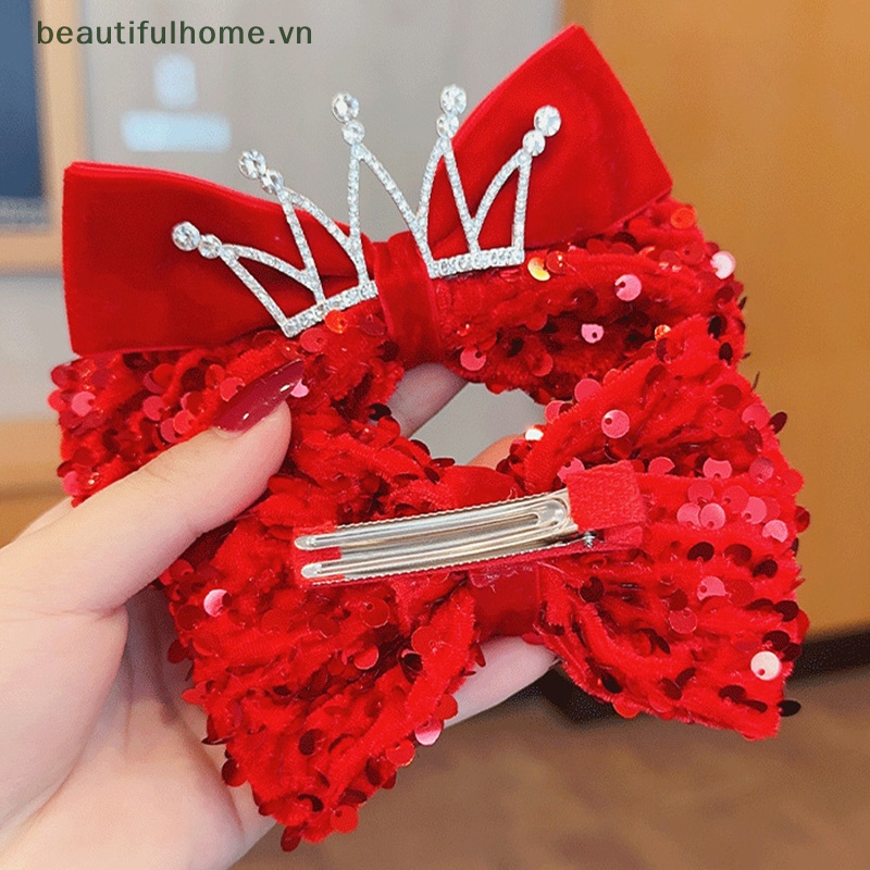 Kẹp Tóc Nơ Tua Rua Cho Bé Gái Màu Đỏ Mừng Năm Mới