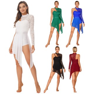 Thời Trang Nữ Ren Chắp Vá Một Vai Leotard Đầm Chia Lưới Bất Đối Xứng Viền Đầm Khiêu Vũ