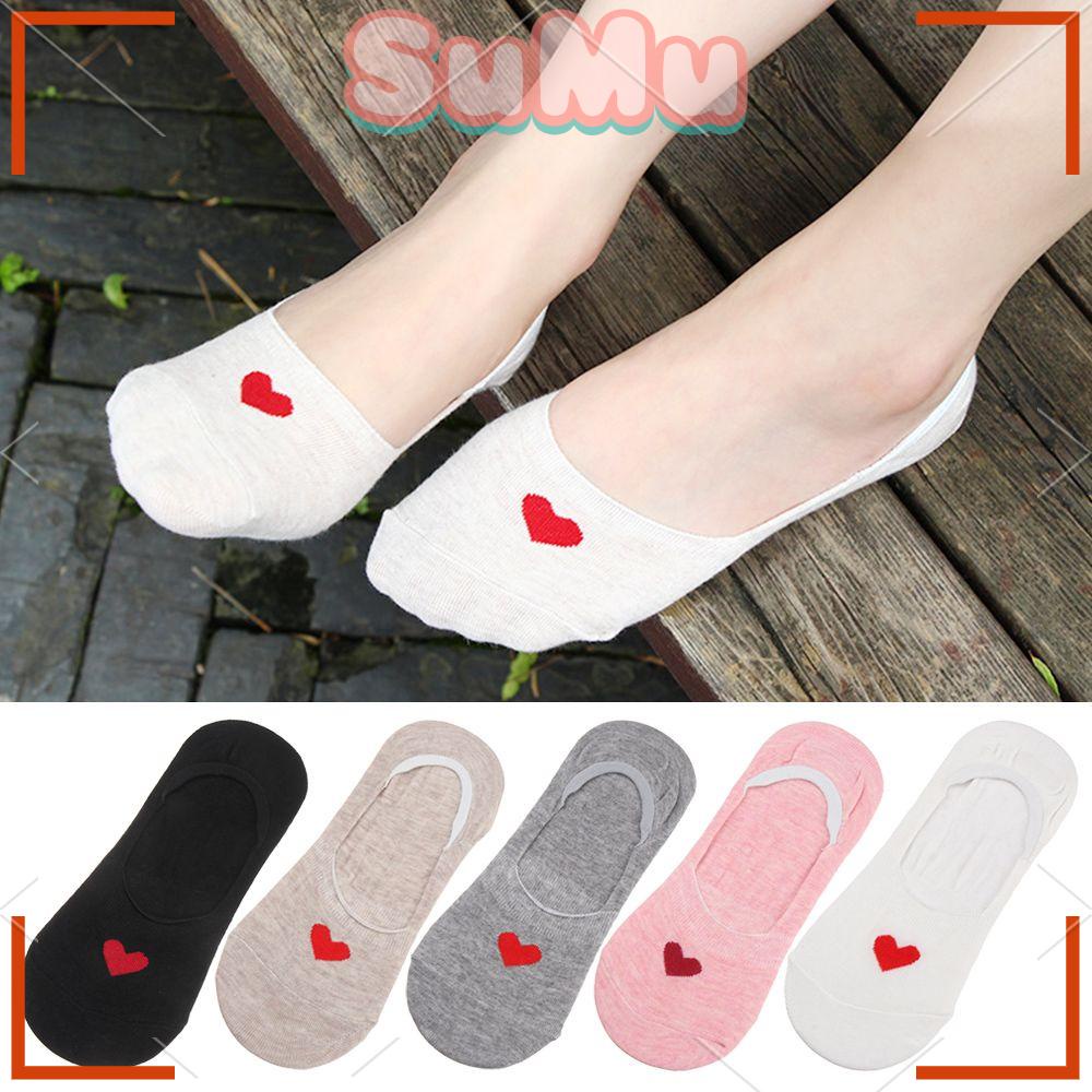 Set 5 Đôi Vớ Cotton Cổ Thấp In Họa Tiết Trái Tim Đáng Yêu