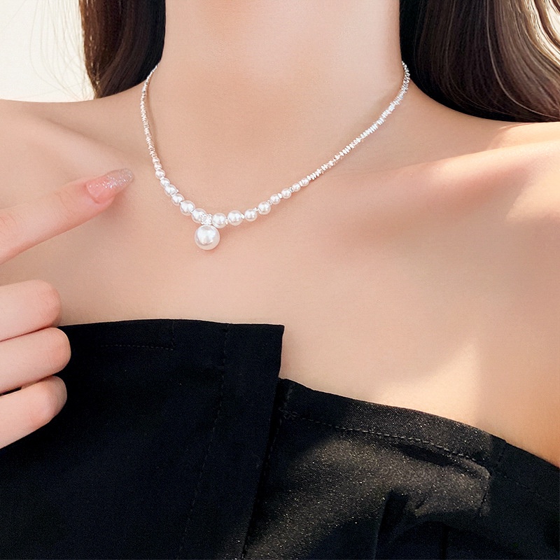 Vòng cổ Mạ Bạc Mặt Hình Tam Giác Đính Ngọc Trai Nhân Tạo Thời Trang