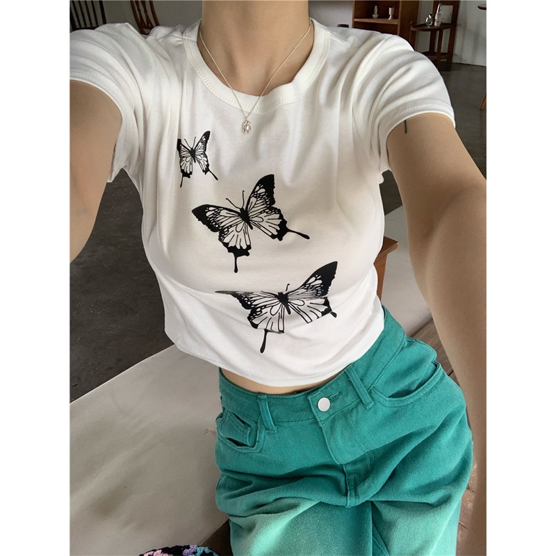 Áo Croptop Dệt Kim Tay Ngắn In Họa Tiết Quyến Rũ Phong Cách Hàn Quốc Cho Nữ