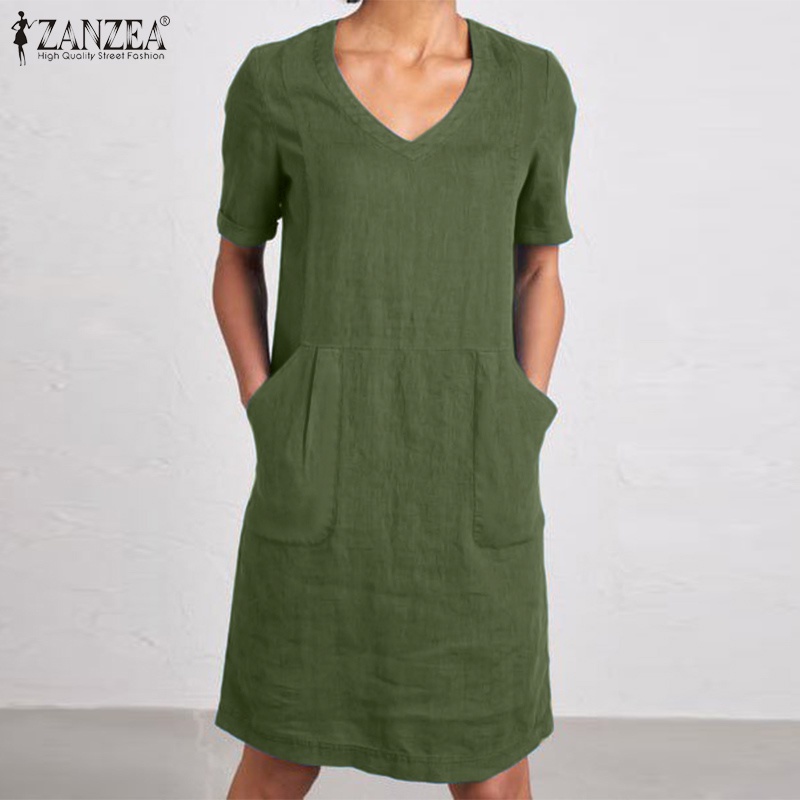 Zanzea Đầm Nữ Ngắn Tay Cổ Chữ V Thời Trang Vintage