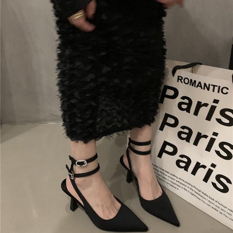 French pointed high-heeled shoes evening wind Korean style slippers with skirt black sandals 2023 Spring and Autumn British women's shoes QNGY