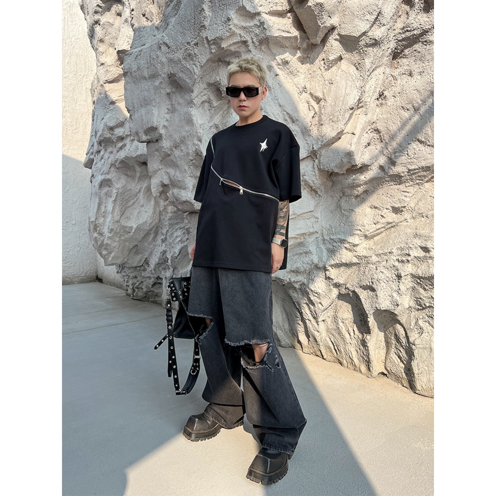 Áo Thun Ngắn Tay Cổ Tròn Dáng Rộng Phối Khóa Kéo Kim Loại Thời Trang Mùa Hè Giản Dị Dành Cho Nam