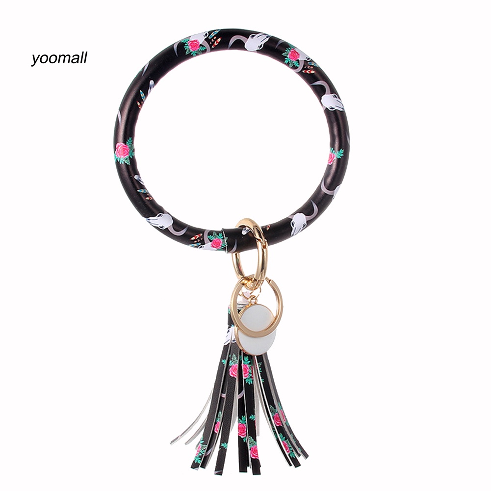 Móc Khóa Dạng Vòng Tròn Phối Tua Rua Bằng Da Giả