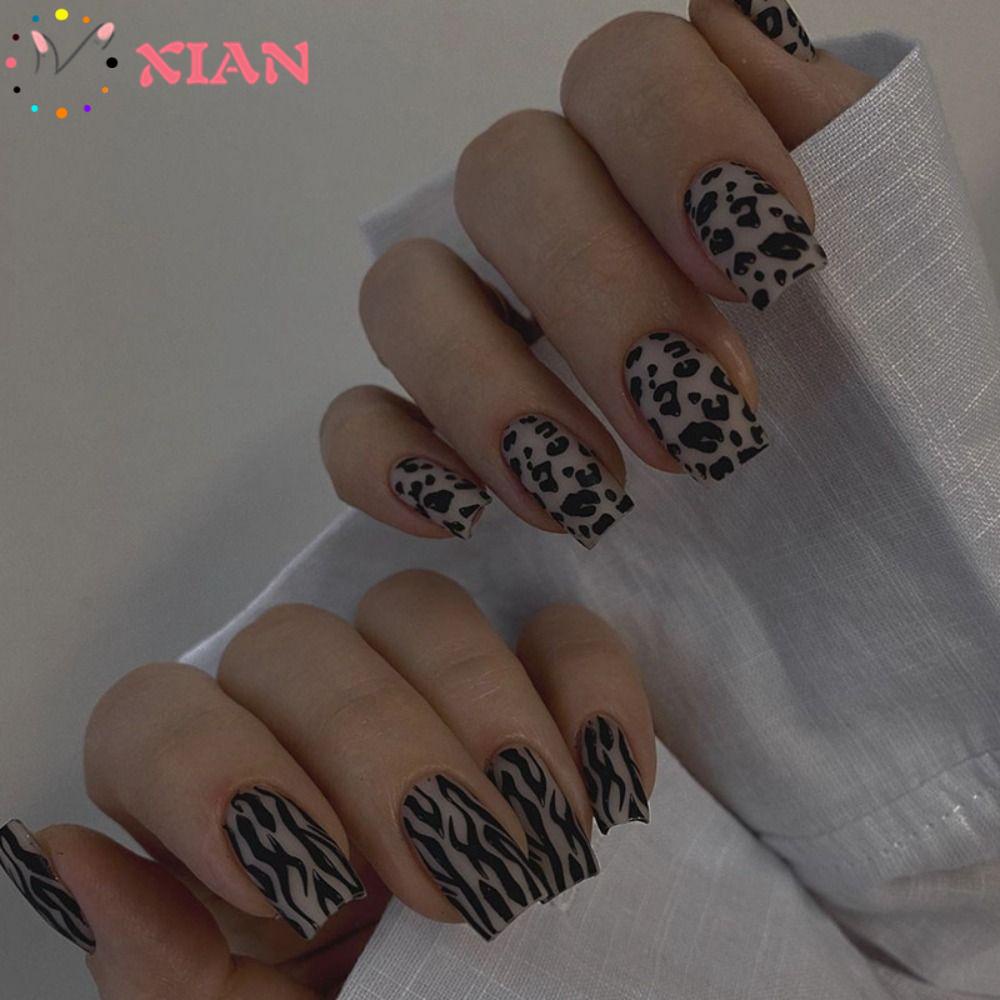 Bộ 24 Móng Tay Giả Màu Vàng Đen Họa Tiết Da Báo / Báo Đối Xứng Có Thể Tháo Rời DIY