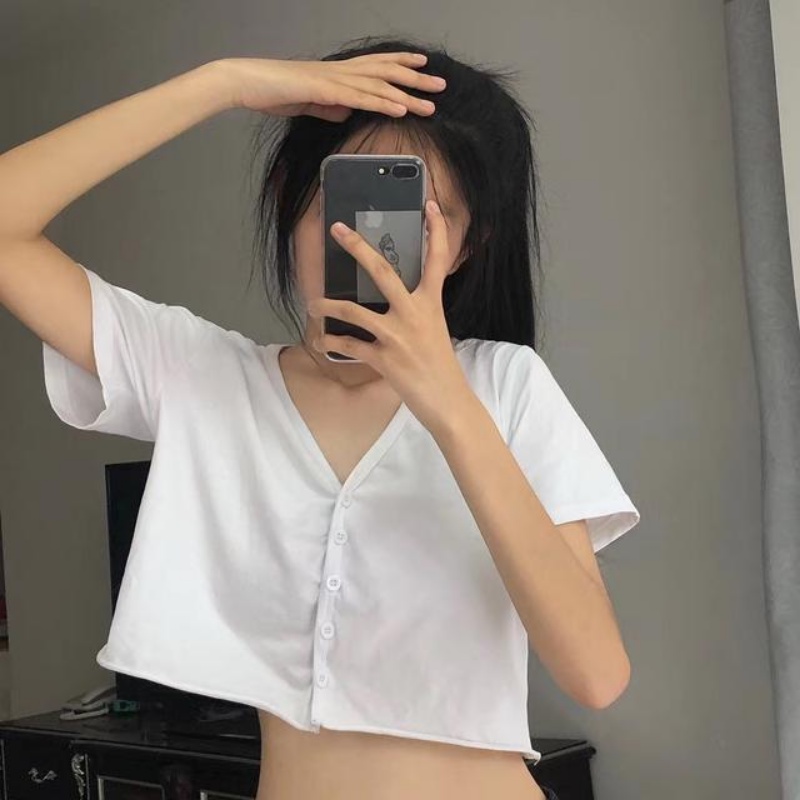 Áo Thun Dệt Kim Ngắn Tay Cổ Chữ V Thời Trang Hàn Quốc Cho Nữ