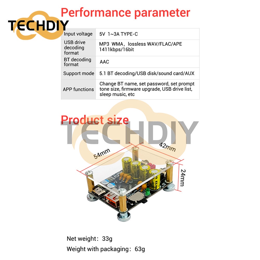 Bảng Mạch Giải Mã Âm Thanh DC 5V ZK-PT2 Hifi5.1 Bluetooth USB Loại C