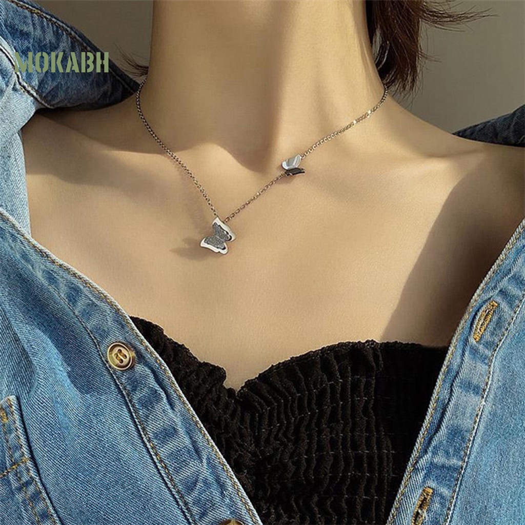 [Mok Abh] Vòng cổ Hai Lớp Bằng Thép Titan Mặt Hình Bướm 3D Cá Tính Cho Nữ