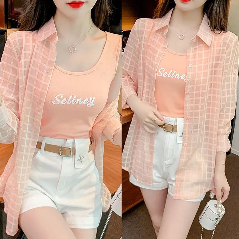 Set Áo Sơ Mi + Quần Short + Áo Hai Dây Thời Trang Mùa Hè 2023 Phong Cách Mới Cho Nữ