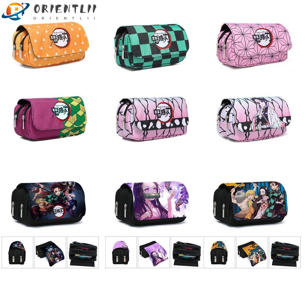 ORIENTLII Túi Đựng Bút Bằng Vải Bạt Có Khóa Kéo In Hình Demon Slayer Cho Trường Học / Văn Phòng