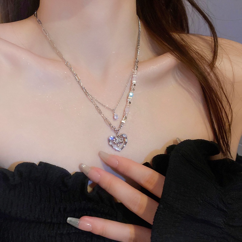 Dây Chuyền Hai Lớp Hình Nơ Đính Đá Trái Tim Thời Trang Cao Cấp Dành Cho Nữ