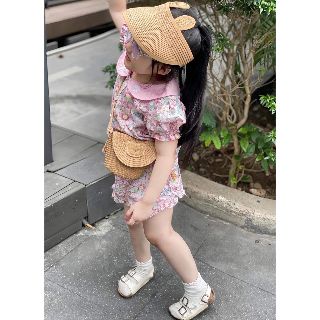 Set áo quần vải thô hoa hồng 100% cotton