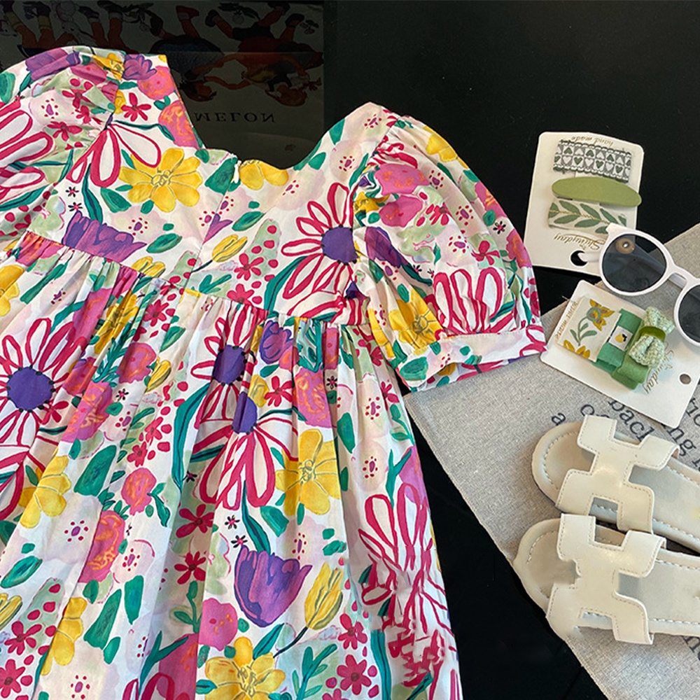 BEAR LEADER Đầm Cotton Tay Ngắn In Hoa Thời Trang Mùa Hè Xinh Xắn Cho Bé Gái 2-7 Tuổi