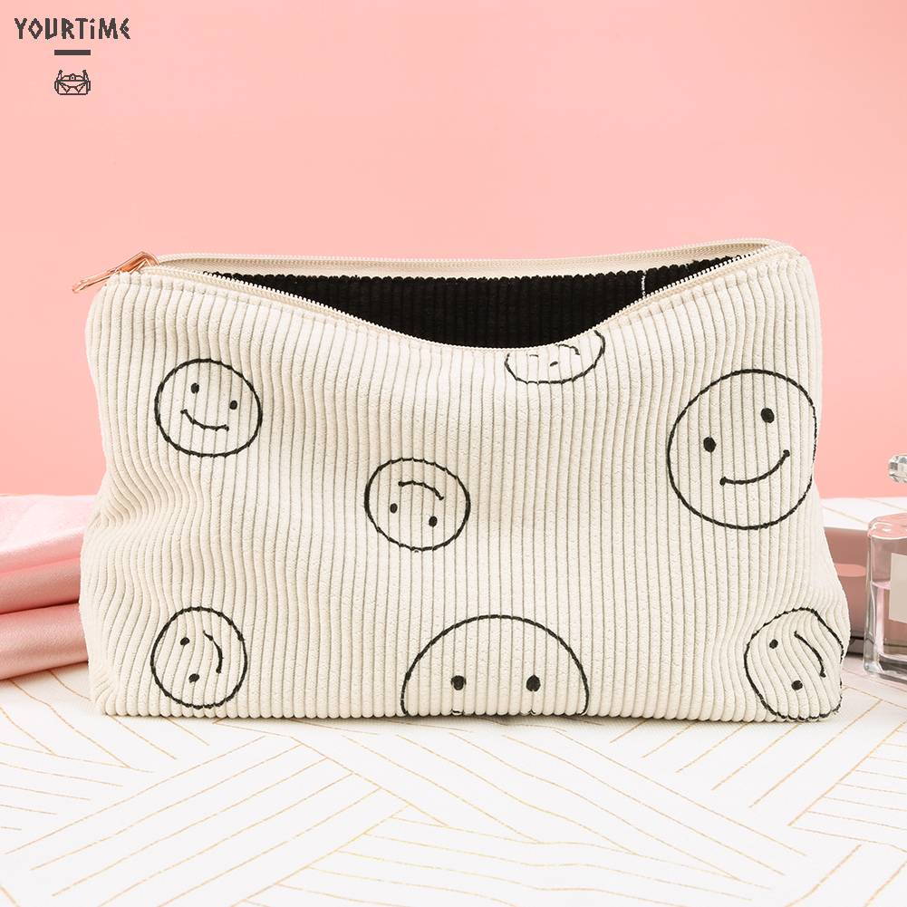 Túi Đựng Mỹ Phẩm Hai Mặt Bằng Vải Nhung Kẻ Dễ Thương Xinh Xắn