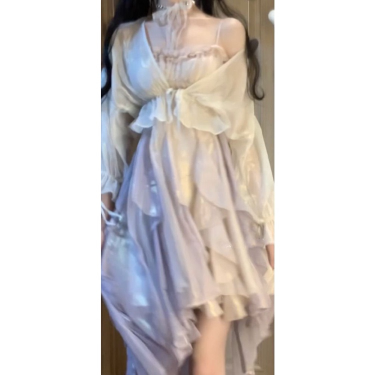 Đầm Hai Dây Dáng Ngắn Phối Bèo Màu Gradient Phong Cách Pháp LH2R