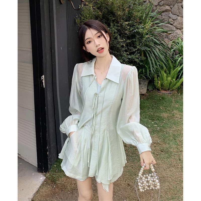 Bộ Áo Sơ Mi Mỏng Nhẹ Trong Suốt Chống Nắng Phối Quần Short Thời Trang Xinh Xắn Cho Nữ 6.27