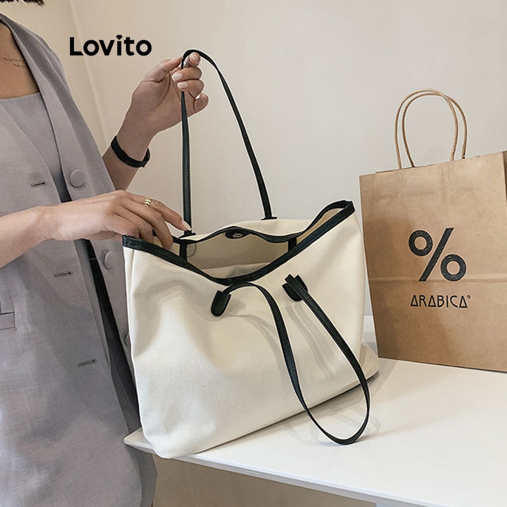 Lovito Túi tote đeo vai cơ bản màu trơn đơn giản tương phản cho nữ LNA09126 (Mơ/Đen)