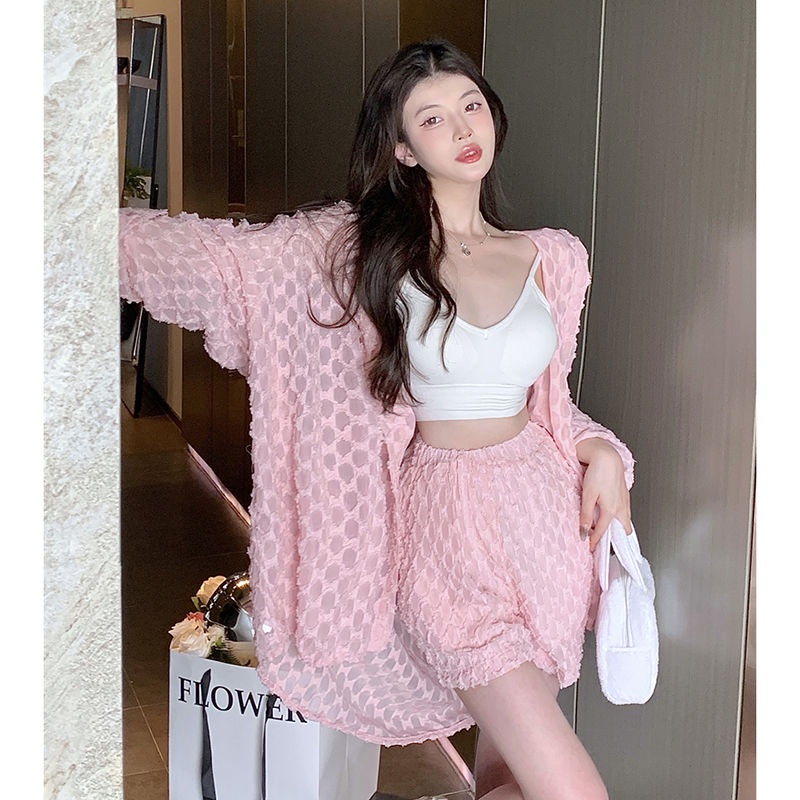 New vacation style large size sunscreen clothes UV-proof breathable cardigan shorts suit girls' loose large size two-piece suit