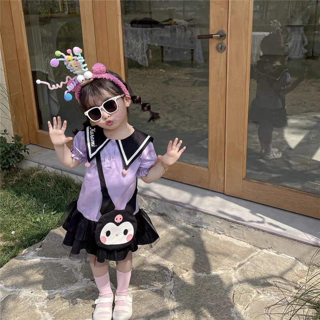 Đầm Tay Ngắn Phồng Cổ Thủy Thủ In Hoạt Hình Kuromi Kiểu Nhật Bản Thời Trang Mùa Hè Cho Bé Gái