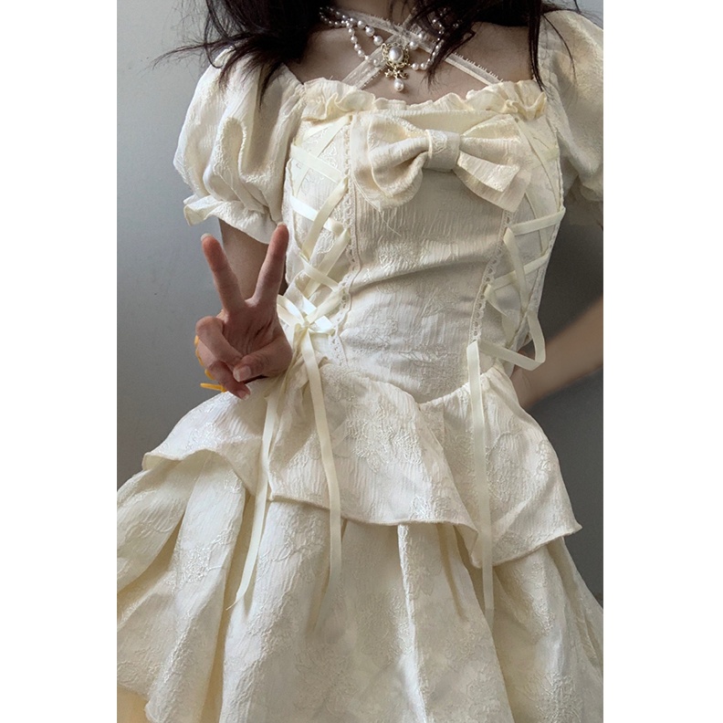 Đầm Công Chúa Mori Ngắn Thắt Nơ Màu Trắng Phong Cách Công Nghiệp Mùa Hè Hàng Mới 2023