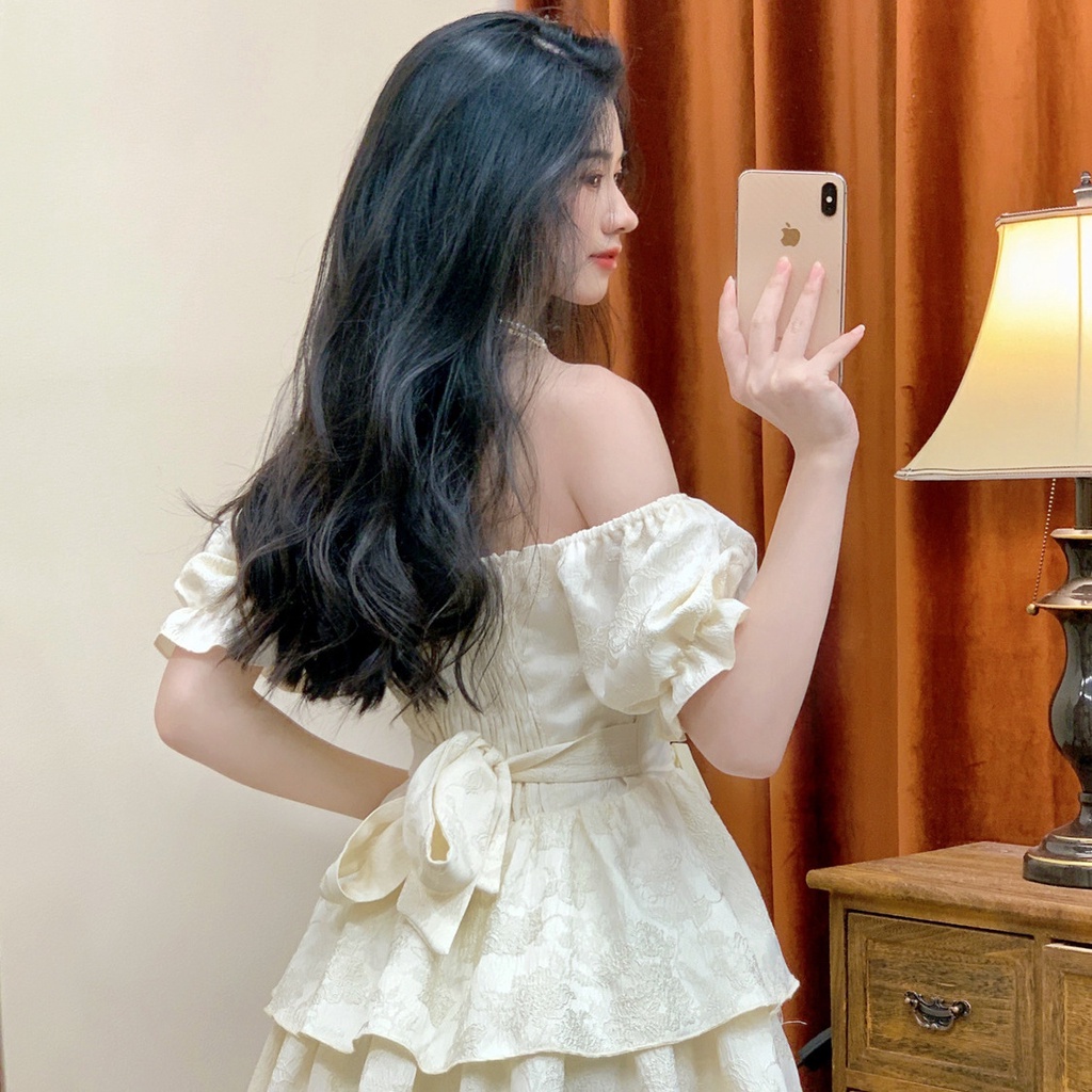 One Đầm Trễ Vai Eo Hẹp Màu Trơn Phong Cách Ngọt Ngào Cho Nữ