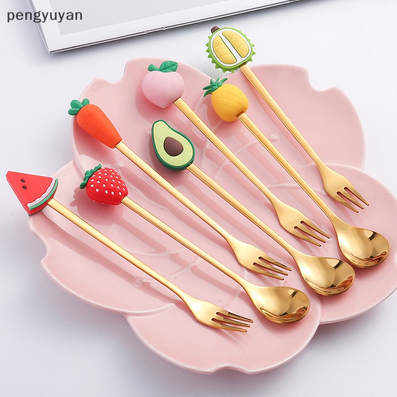 Bộ Muỗng Nĩa Ăn Trái Cây / Tráng Miệng Bằng Thép Không Gỉ Hình Hoạt Hình Dành Cho Trẻ Em