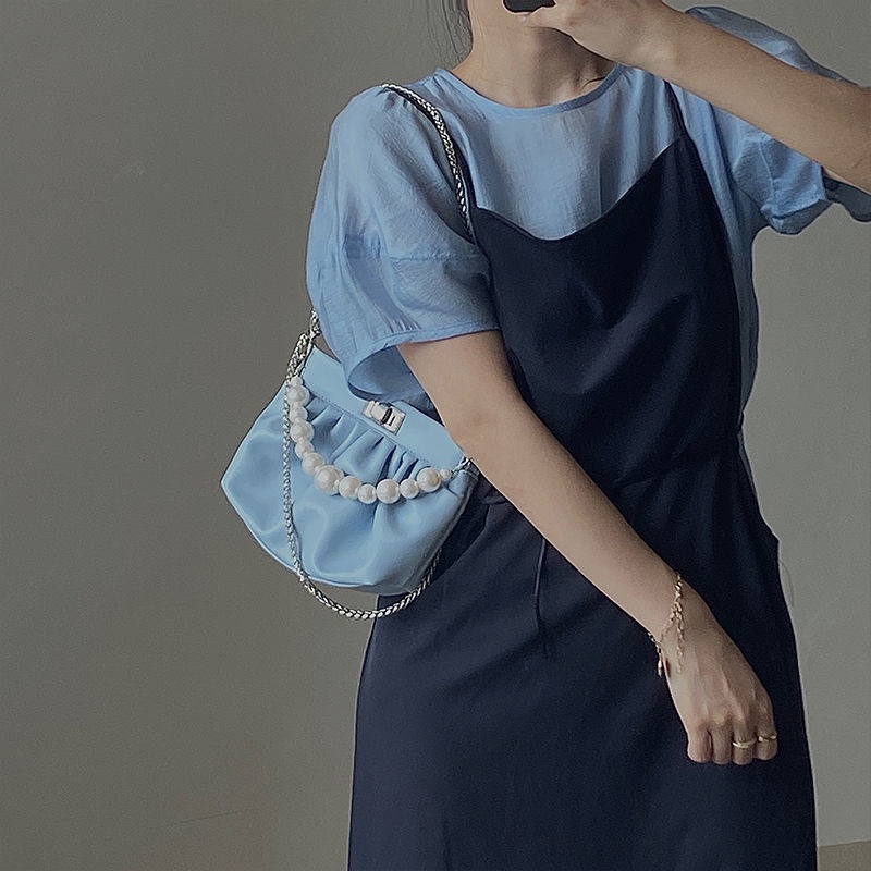 Túi Xách Da Mềm Xếp Ly Phối Chuỗi Ngọc Trai Đeo Chéo Thời Trang Cho Nữ