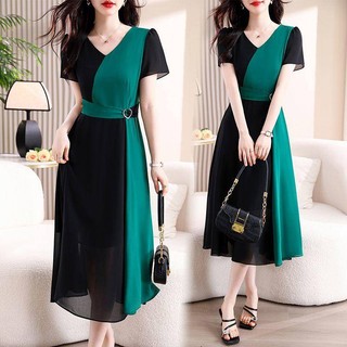 Nữ Thanh Lịch Ánh Sáng Phong Cách Trưởng Thành Mùa Hè Phong Cách Mới Thời Trang Cổ Chữ v Khâu Giữa Chiều Dài Mỏng Hơn Nhìn Phong Cách Người Nổi Tiếng Đầm Voan Xoay Lớn Trên Đầu Gối Kích Thước Đầy Đủ Kích Thước Lớn 50KG-100KG 4XL 5