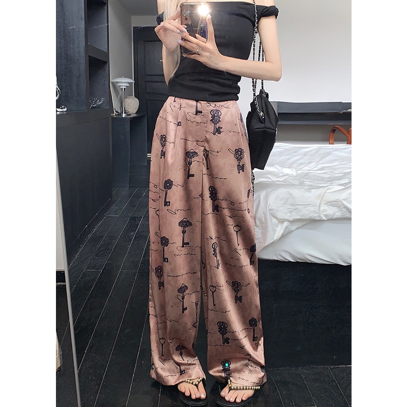 Quần Dài Vải Satin Ống Rộng Lưng Cao In Họa Tiết Vintage Thời Trang Mùa Hè Cho Nữ