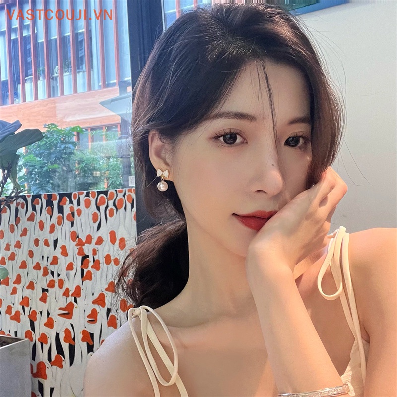 Bông Tai Hình Nơ Đính Ngọc Trai Đơn Giản Thời Trang Cho Nữ