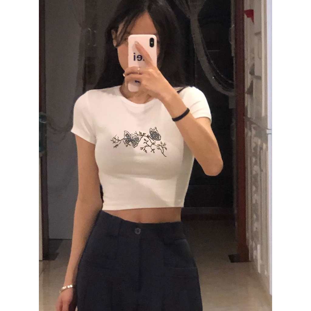 Áo Baby Tee Thun Croptop Nữ Tay Ngắn Hở Vai Màu Trắng Thời Trang Mùa Hè Xinh Xắn Cho Nữ