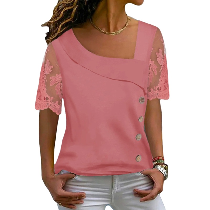 Áo Thun Tay Ngắn Cổ Chữ V Phối Ren Dáng Rộng Thời Trang Mùa Hè Cho Nữ