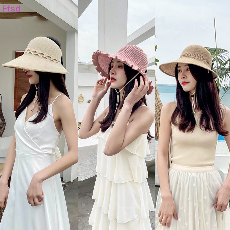 {Ffsd} Mũ Cói Rộng Vành Hở Chóp Thoáng Khí Đính Nơ Có Thể Gập Lại Cho Nữ Đi Biển Du Lịch Ngoài Trời Bán Chạy