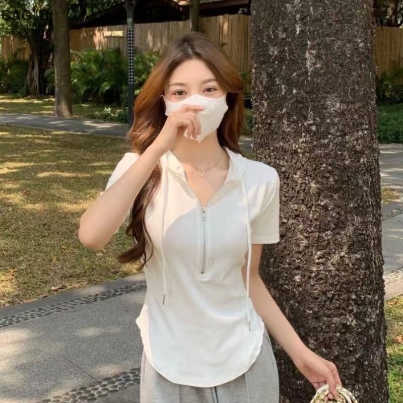 CAGJB Áo Thun Tay Ngắn Có Mũ Trùm Đầu Màu Sắc Đơn Giản Dành Cho Nữ