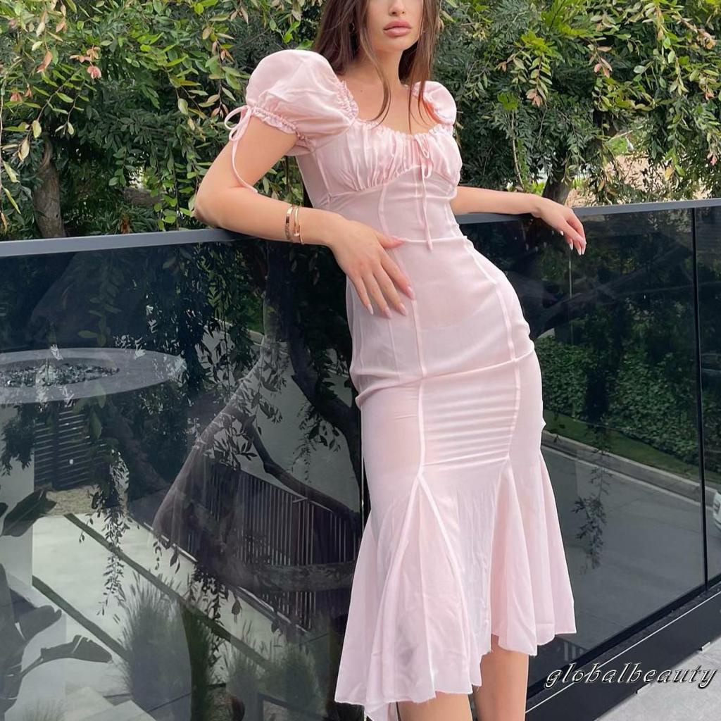 Đầm Midi Phối Lưới Màu Trơn Thiết Kế Tay Phồng Hở Lưng Quyến Rũ Cho Nữ