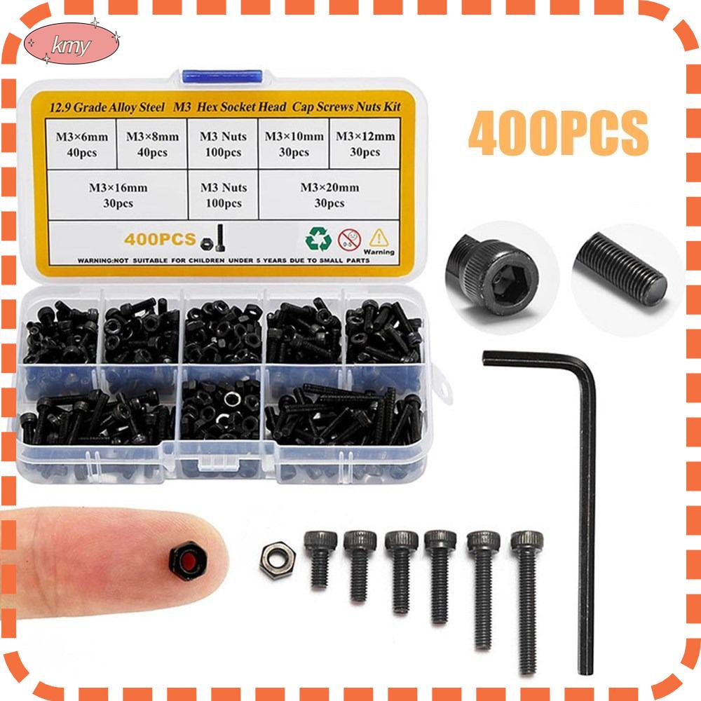 KRNY Bộ 400 Vít M3 6 / 8 / 10 / 12 / 16 / 20mm M3 Bằng Hợp Kim Thép Màu Đen Kèm Ốc Vít 12.9 Chuyên Dụng Cho Máy In 3D