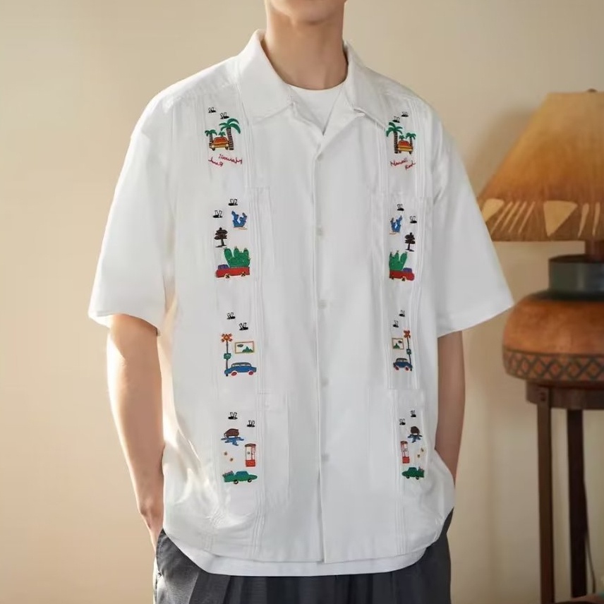 Áo Sơ Mi Tay Ngắn Thêu Họa Tiết Phong Cách Retro Hawaii Cho Nam Nữ