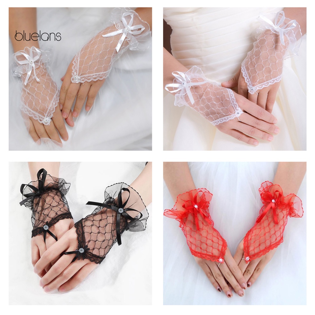 1 Đôi Găng Tay Ren Hở Ngón Đính Nơ Mềm Mại Phong Cách Vintage Cho Cô Dâu