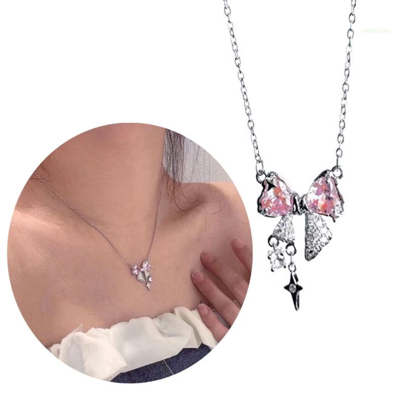 Vòng cổ Bằng Thép Không Gỉ Mặt Hình Nơ Màu Hồng Thời Trang Cho Nữ