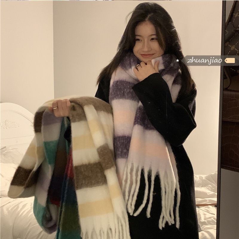 Khăn Choàng Cổ Dài Màu Cầu Vồng Ấm Áp Xinh Xắn Cho Nữ