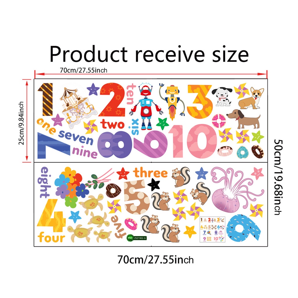 Bộ 2 Miếng Dán Tường Bằng PVC Hình Chữ Số Từ 1-10 Và Động Vật Hoạt Hình Trang Trí Phòng Khách / Nhà Trẻ