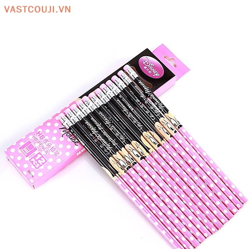 DISNEY Set 12 Bút Chì Tròn Shi Dizai Hb Họa Tiết Chuột Mickey Minnie Dễ Thương Dùng Làm Quà Tặng Cho Bé